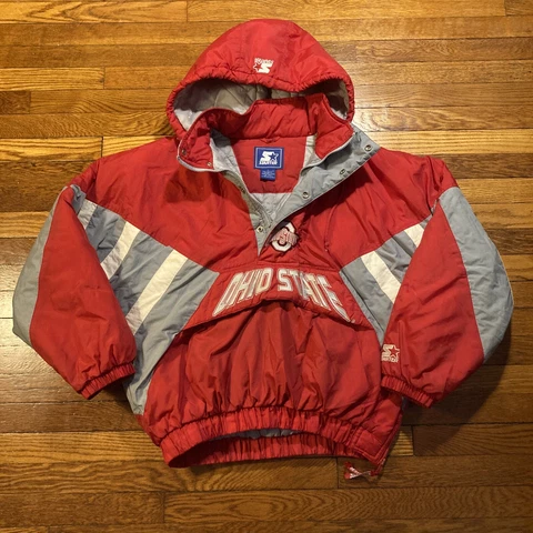 Vintage 90s Ohio State Buckeyes STARTER Puffer Jacket Nylon Sz L 1/2 Zip Hooded Cover