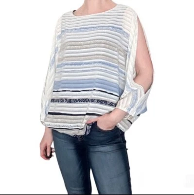 Coco Bianco blue white open sleeve slit blouse striped chiffon top shirt boho Foto 1 de 4