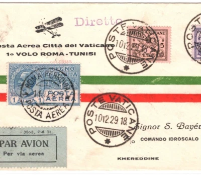 VATICAN ITALY MIXED FRANKING Cover 1929 FIRST FLIGHT ROME-TUNISIA Air Mail MA67 - Image 1 of 4