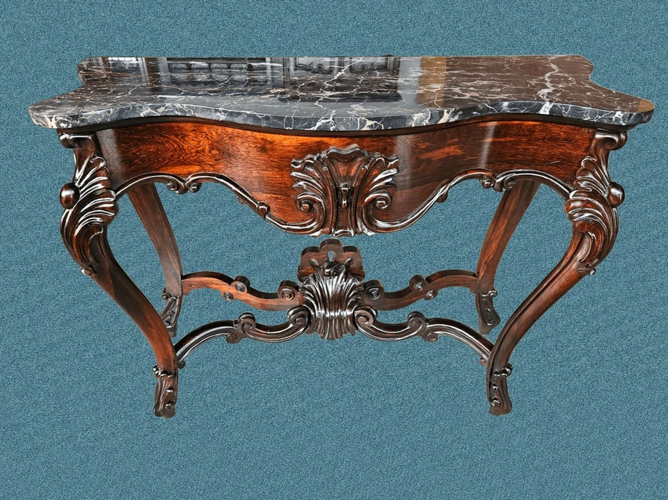 CONSOLE IN PALISSANDRO PIANO MARMO NERO CARLO X XIX SECOLO RESTAURATA - Immagine 1 di 4