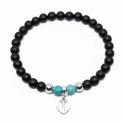 Bracciale con Ancora argento Pietre Naturali Turchese Nero perle Acciaio da Uomo - Immagine 1 di 4