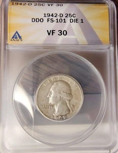 1942-D DDO WASHINGTON QUARTER FS-101 VF30 ANACS - Picture 1 of 2