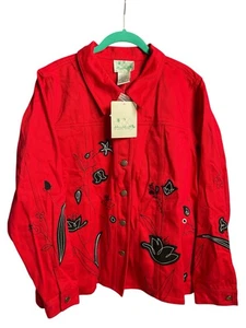 Vtg Quacker Factory Jacket Womens Large Red with Black Embroidery NWT - Picture 1 of 3