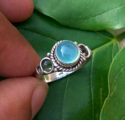 Acqua Calcedonio Gemma 925 Argento Sterling Natale Anello Tutte le Misure - Immagine 1 di 4