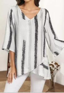 NEW LADIES White/ Grey Block Shift Blouse 3/4 Sleeves V Neck SIZE Medium EU 40 - Picture 1 of 3