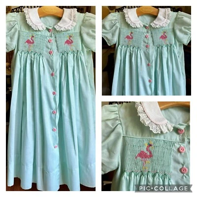 VTG Hand Smocked Girls Dress Mint Green Checks w Flamingos Sz XL Exquisite - Image 1 of 4
