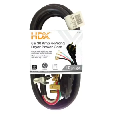 Cable de alimentación para secadora de 4 clavijas HDX 6 pies 10/4 30 amperios, negro Foto 1 de 3