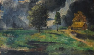 Pintura antigua original de paisaje, árboles, casa - Imagen 1 de 8