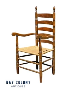 EARLY QUEEN ANNE PERIOD WALNUT & OAK LADDERBACK GREAT CHAIR WITH RAM'S HEAD ARMS - Picture 1 of 14