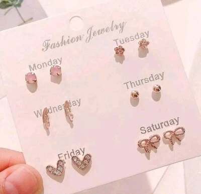 Rose Gold Plated Stud Earrings With Rhinestones Bow Feather Heart Combination - Image 1 of 4