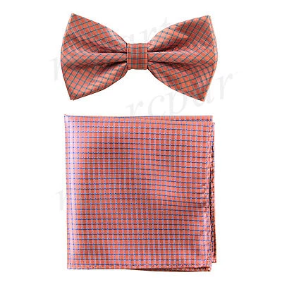 Nuevo conjunto de pajarita y pañuelo preatado coral cuadros y cuadros boda formal para hombre  Foto 1 de 4