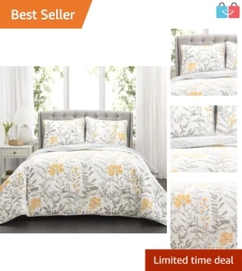 Reversible Floral & Trellis 3-Piece Quilt Set for Full/Queen Beds in Yellow Gray - Picture 1 of 7