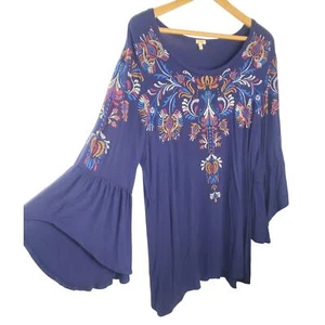 Reba Top L Navy Blouse Rayon 3/4 Sleeves Embellished Rhinestones Womens Size - Picture 1 of 12