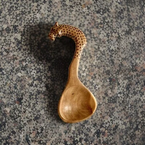 Hand Carved Leopard Wooden Serving Spoon African Style Spotted Cat 11” Server - Picture 1 of 8