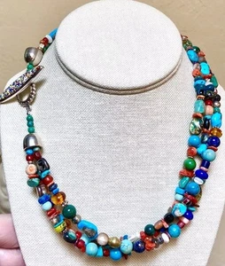 SCHÖNER Southwestern Sterling Silber Türkis, Koralle usw. 3 Strang Halskette - Bild 1 von 12