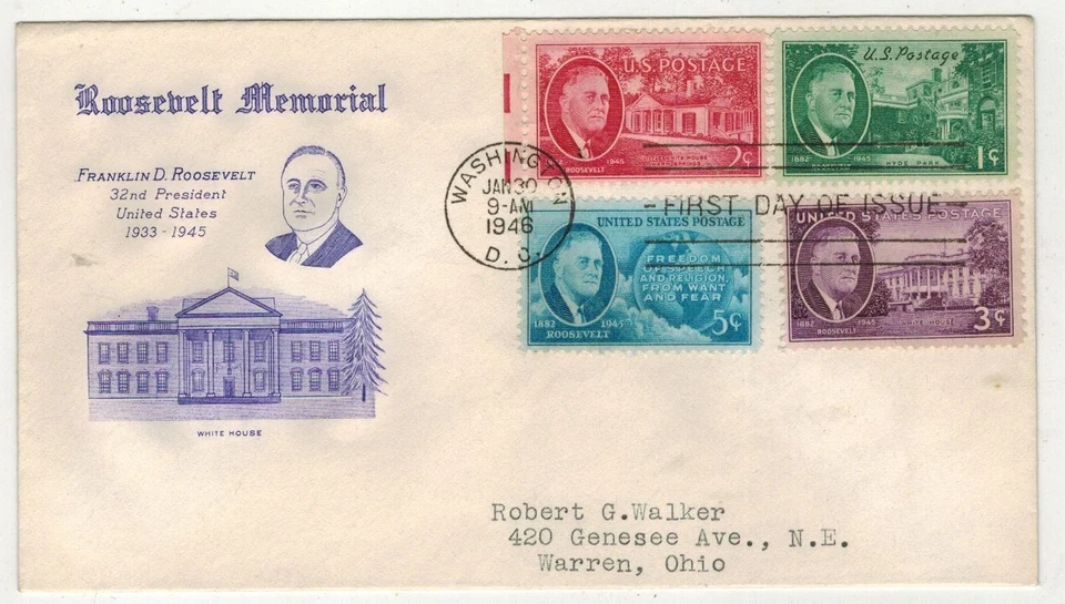 1946 FRANKLIN ROOSEVELT MEMORIAL 930/933 SET OF 4 ON GRIMSLAND FDC Nice! - Image 1 of 1