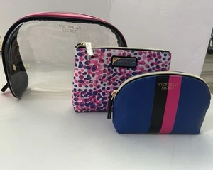 Victoria's Secret Cosmetic Bag Makeup Case 3 Pieces Trio Pink Blue Vinyl NEW - Picture 1 of 2