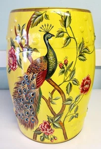 Oriental Chinese Yellow Peacock Porcelain Stool Table Mandarin Style - Picture 1 of 5
