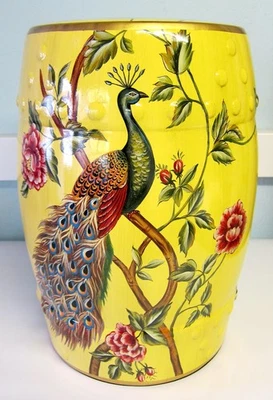 Oriental Chinese Yellow Peacock Porcelain Stool Table Mandarin Style - Image 1 of 4