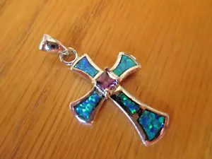 GROSSER FEUEROPAL EDELSTEIN STERLINGSILBER KREUZ ANHÄNGER VON JERUSALEM - Bild 1 von 7