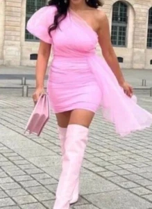 BNWT Forever Unique Pink Tulle One Shoulder Mini Dress uk 14 Sash Blogger - Picture 1 of 12