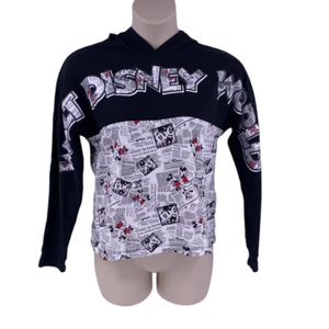Walt Disney World Hoodie Mickey Mouse Womens Size Large Newsprint Pullover NEW - Picture 1 of 11
