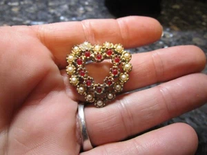 Vintage Heart Brooch Pin faux Pear with Red Rhinestones 1960's - Picture 1 of 5