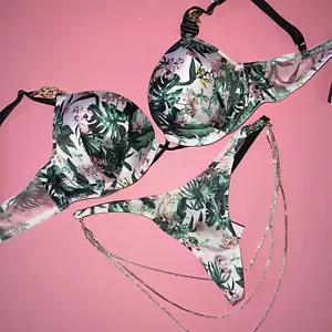 Victoria's Secret 32A,32B BOMBSHELL BRA SET XS GREEN pink Palm Gold SHINE STRAP - Picture 1 of 3