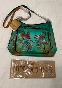 Anuschka Bag Purse Crossbody OrganizerHummingbird Floral Hand Painted Green New! - Picture 1 of 16