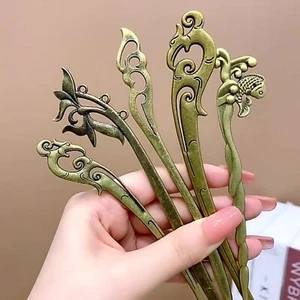 2 pz forchette per capelli metallo bronzo bastoncino per capelli tradizionale vintage da donna - Foto 1 di 22