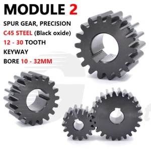 Module 2 Spur Gear C45 Steel Black Oxided Pinion 12-30 Tooth Keyway 10-32mm Flat - Picture 1 of 143