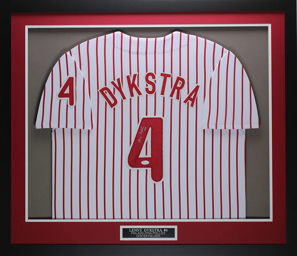 Camiseta deportiva de Lenny Dykstra autografiada y enmarcada a rayas de los Filis certificado de autenticidad JSA Foto 1 de 4