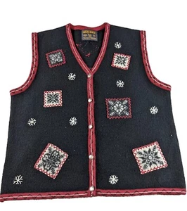 Vintage Woolrich Sweater Vest Womens XL Black Wool Snow Flakes Button Up - Picture 1 of 7