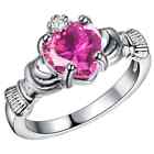 Fashion Silver Pink Zircon Crown Wedding Engagement Claddagh Ring Size 9