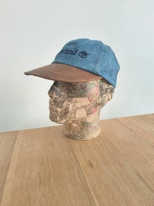 Timberland Vintage Denim Cap Hat Blue Leather Brim Strapback One Size 90s - Picture 1 of 9