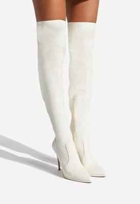Lekisha by SHOEDAZZLE, Bone faux patent 4.5" stiletto OTK/thigh boots, SZ 6.5 - Image 1 of 4