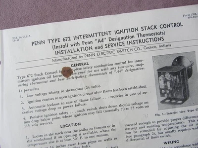 1947 Penn Electric 672 Ignition Stack Control Burner Install Service Sheet - Image 1 of 3