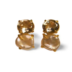 14K Yellow Gold Vermeil Silver Green Amethyst Baroque Pearl Designe Drop Earring - Picture 1 of 3