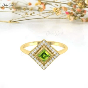 14k Solid Gold 1/2 CT Peridot & Diamond Halo Wedding Engagement Ring Bridal Gift - Picture 1 of 25