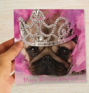 Tarjeta de cumpleaños hija Pug perro bonito rosa princesa Pug cachorro perro amante dueño - Imagen 1 de 9