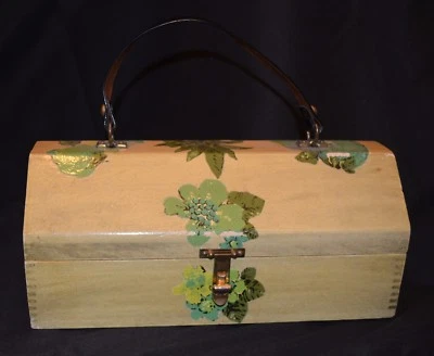 无品牌复古 60 年代女士木质锁盒手绘手提包钱包 — 第 1/4 张图片