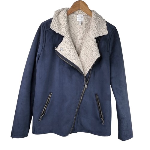 VETEMENTS Giacca Moto Leith Taglia Large Scamosciata Finto Shearling Foderata Cerniera Asimmetrica Blu