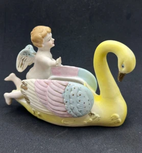 Vintage Cherub Cupid Angel Sitting On Swan Figurine Planter Occupied Japan - Picture 1 of 10
