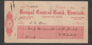 India Bengal Central Bank Limited, Calcutta 1938 Bank Cheque Used - Picture 1 of 1