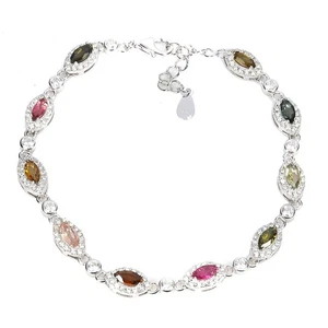 925 Sterling Silver Bracelet Marquise Tourmaline Natural Gemstone Jewelry 7inche - Picture 1 of 13