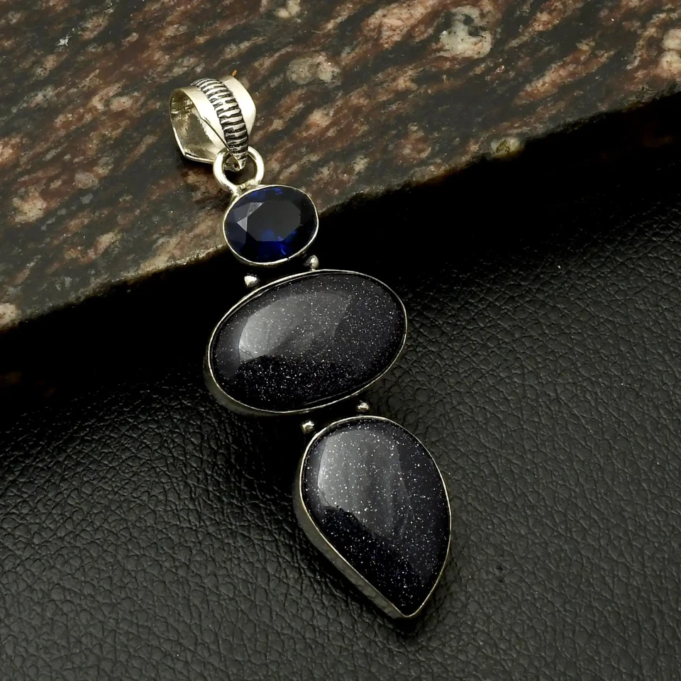 Piedra solar azul tanzanita piedras preciosas étnicas hechas a mano colgante joyería 2,4" AP-38429 Foto 1 de 1