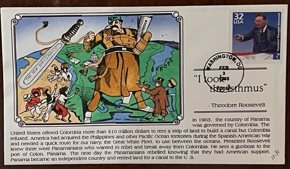 US Geerlings FDC President Roosevelt Panama Canal 1998 issue Hand Painted - Image 1 of 1