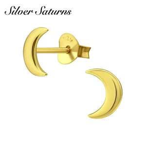 Pair Beautiful Gold, 925 Sterling Silver - Crescent Moon - Stud Earrings 7mm B18 - Picture 1 of 2