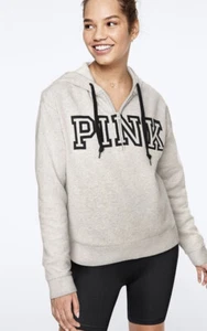 Victoria’s Secret Pink Half Zip Pullover Logo Hoodie SIZE XL GREY - Picture 1 of 5