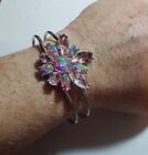 Sparkling Irrodescent Silver Flower Bracelet... Pink Stones, Hinge Close